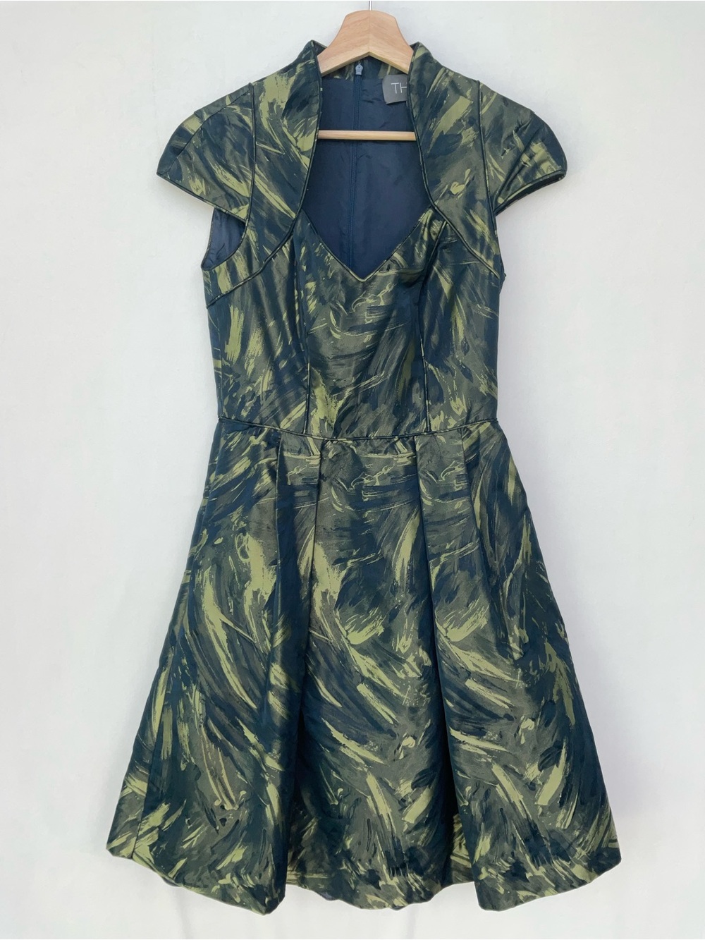 Theia Green Brushstroke Fit-and-Flare Mini Dress
